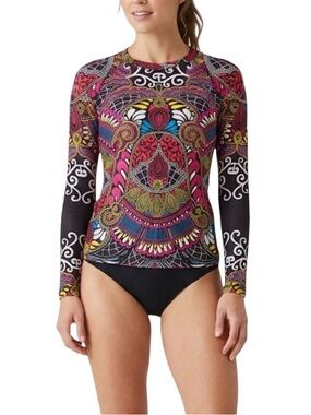 ATHLETA Swim Rash Guard Top Paisley Mandala Colorful Print Boho Med Cover Up UPF